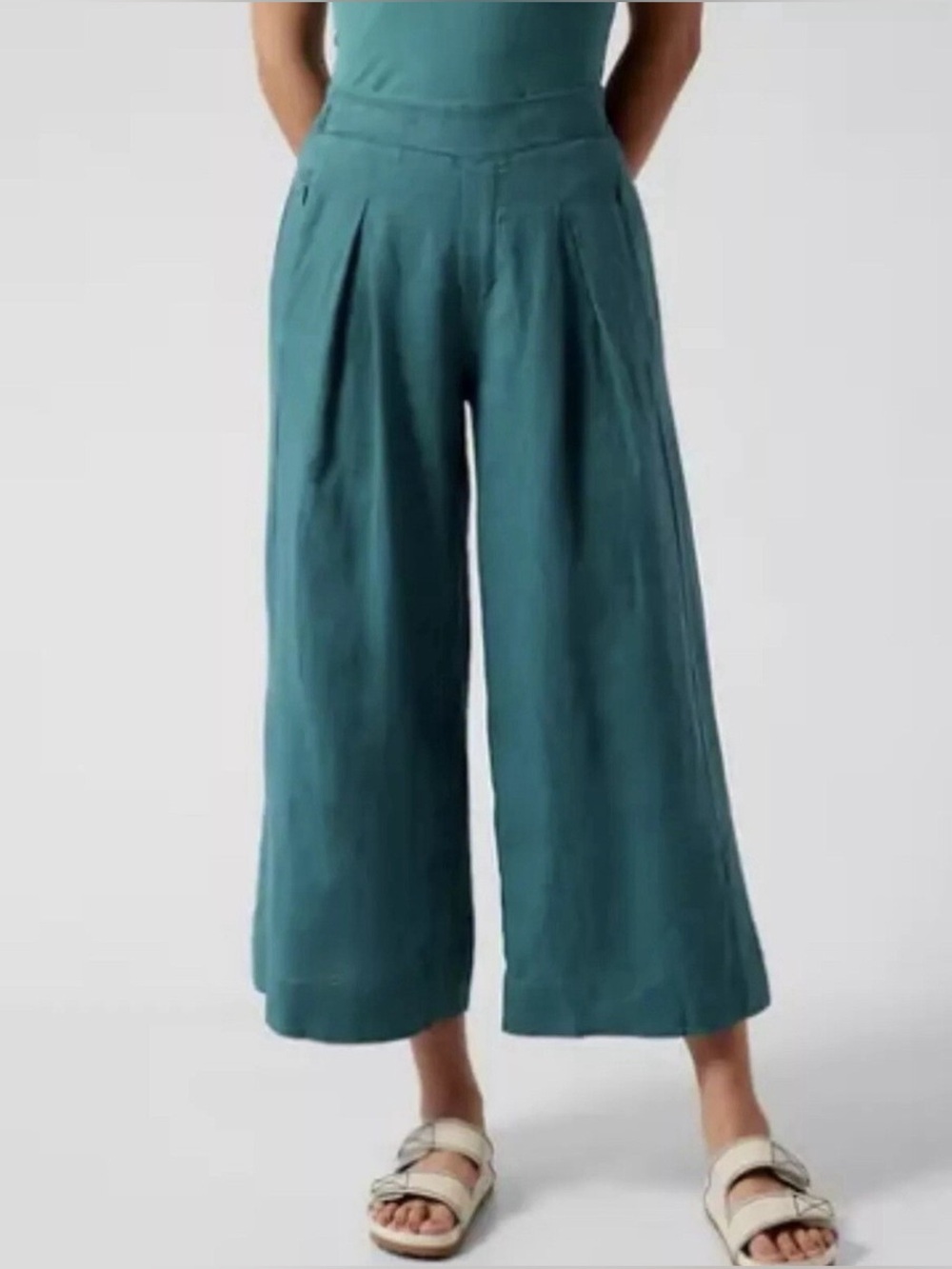 Athleta Playa Linen Wide Leg Crop Pant Borealis Green Teal Women’s 8 Tall Resort